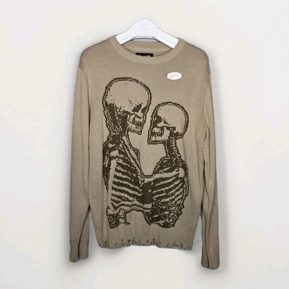 Broken Promises Embrace‎ Skeletons Distressed  Sweater Tan/Brown Small Skater